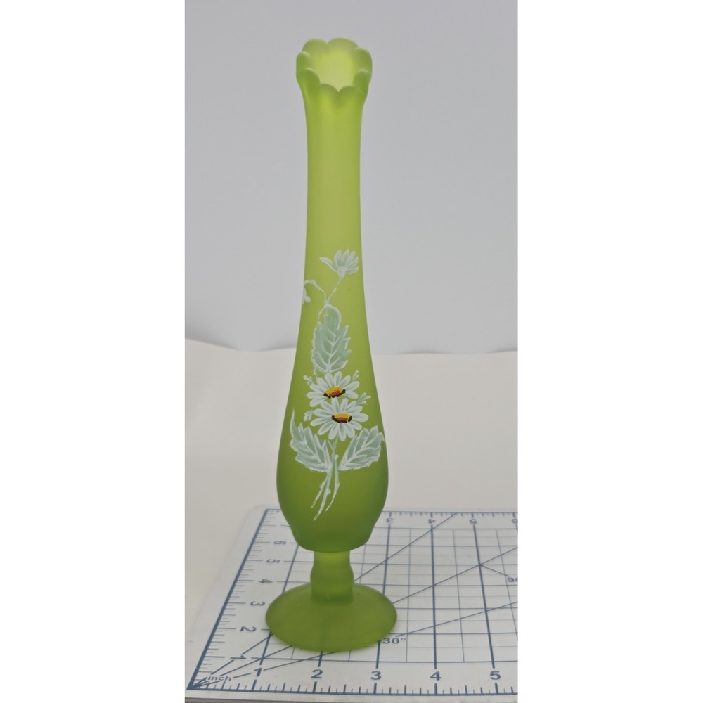 Westmoreland MCM Green Satin Swung Glass Bud Vase Hand Painted Daisy Pattern